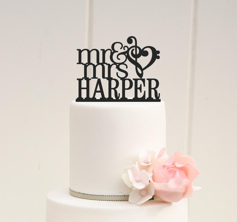 Wedding - Music Note Heart Wedding Cake Topper Mr and Mrs Cake Topper with Your Last Name
