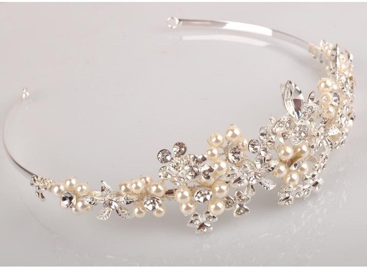 Hochzeit - Ivory pearl with rhinestone bridal tiara headpiece wedding accessories made by hand silver color metal headband hairband