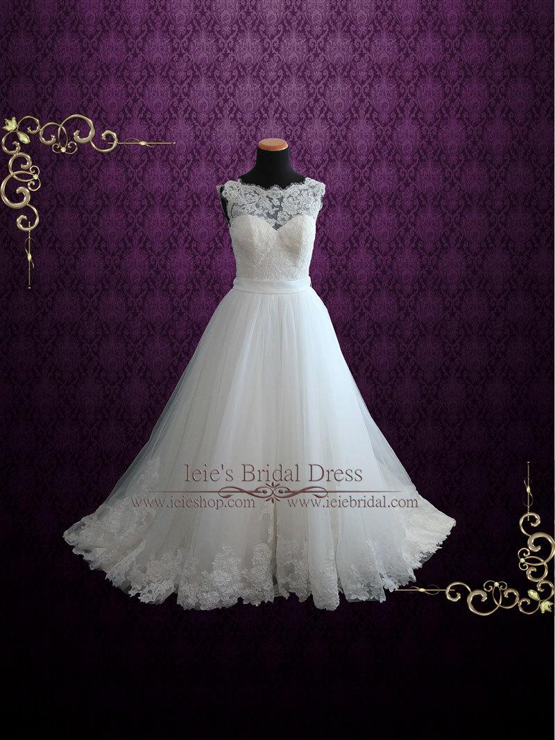 Hochzeit - Lace Ball Gown Wedding Dress with Illusion Boat Neckline, Lace Wedding Dress, Princess Wedding Dress, Debutante Ball Gown 