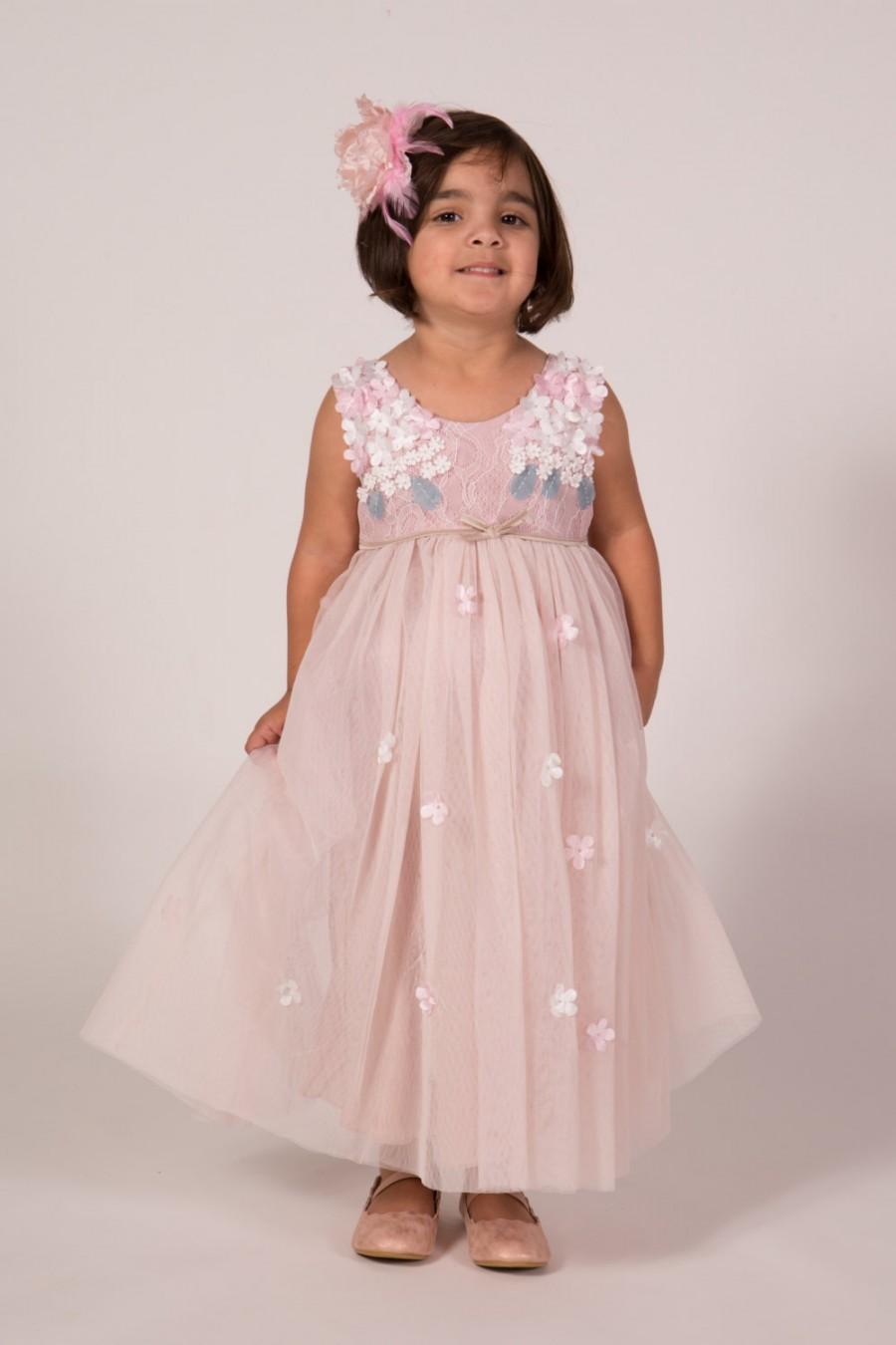 زفاف - Beautiful Blush Pink Flower Girl Dress with Pink and White Flower Bodice and Soft Tulle Long Length