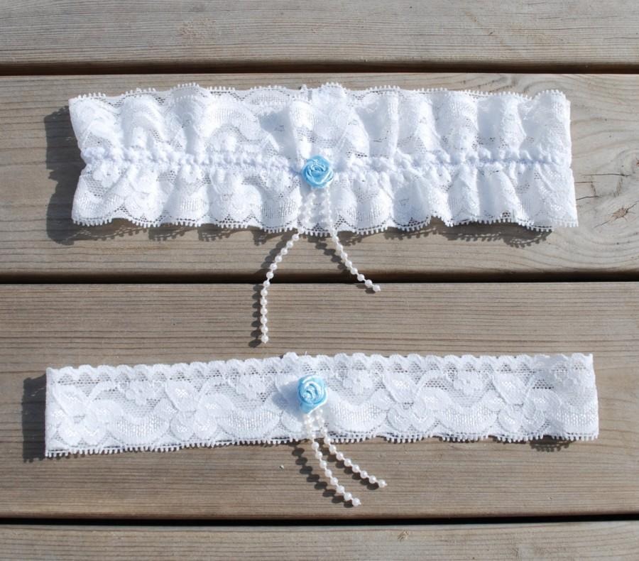 Mariage - Something blue... wedding garter. White lace with a light blue rose