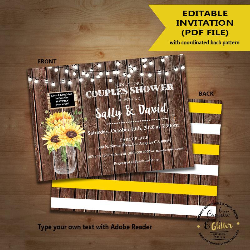Wedding - Couples Shower Invitation mason jar sunflowers country rustic chic wood any occasion self editable printable customizable invite 5336
