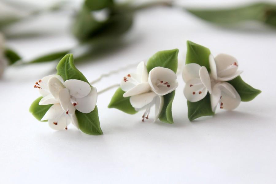 Hochzeit - Cherry blossom bridal hair pin, Set of 3, Bridal White Hair Pins, Flower hair pin, Rustic wedding, Bridal Hair Pins, sakura, cherry wedding