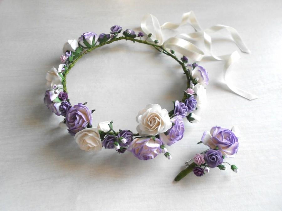 Ivory White Rose Lavender Flower Hair Crown Headband Vintage Purple Daisy W88