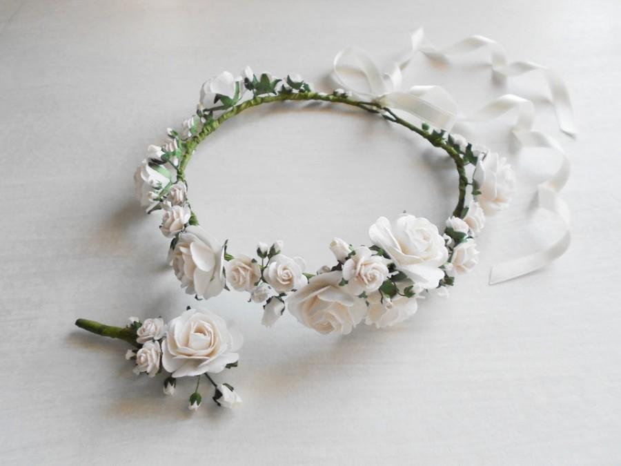 Hochzeit - 20% DISCOUNT / White Paper Flower Hair Wreath / Handmade Bridal Accessory / Flower Boutonniere / Matching Couple Accessories
