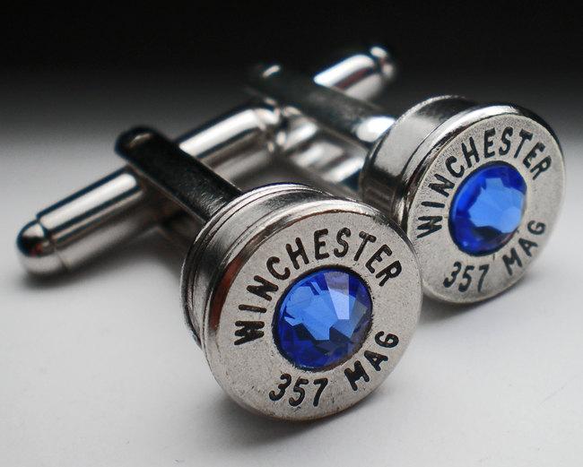 Mariage - 357 Magnum Winchester Nickel Bullet Head Grooms Cufflinks Set Your Choice of Swarovski Birthstones