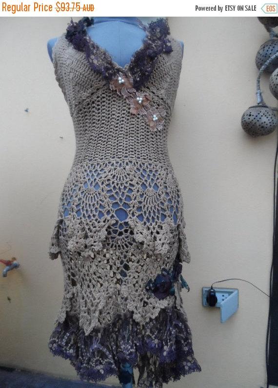 زفاف - 20%OFF burning man vintage woodland pixie crochet dress/top beach cover with pixie hem,small to 40" bust...