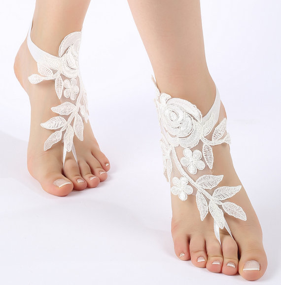 Hochzeit - Free Ship ivory or white flexible ankle sandals, laceBarefoot Sandals, french lace, Beach wedding barefoot sandals