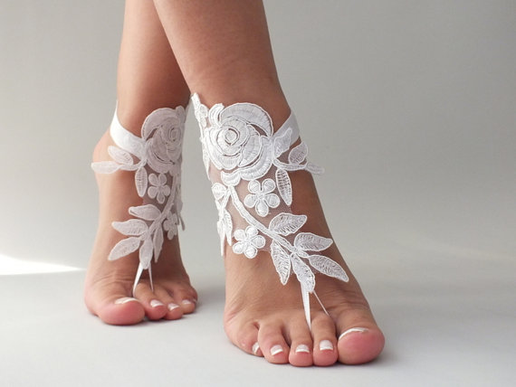 Hochzeit - Barefoot sandal, white or ivory barefoot sandles, Lace shoes, barefoot sandal, Beach wedding, Destination wedding, Bridal Footless shoes