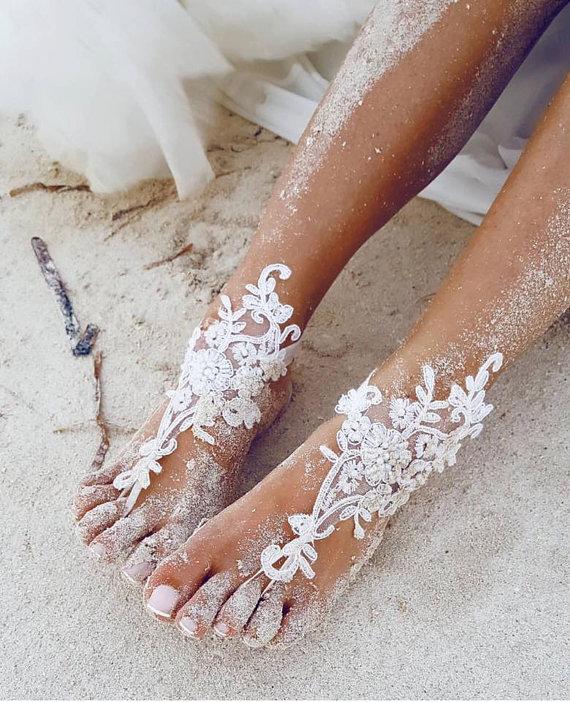 Hochzeit - Free Ship ivory flexible ankle sandals, laceBarefoot Sandals, french lace, Beach wedding barefoot sandals