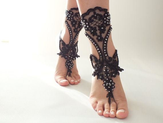 Hochzeit - Free ship Black Barefoot Sandals, handmade, french lace, shoes, Gothic, Wedding, Victorian Lace, Sexy, barefoot sandals