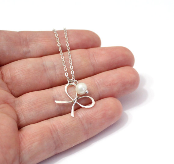 Свадьба - Sterling silver Bow necklace of pearl, handmade tie the knot wedding bridal jewelry, bridesmaid, Girlfriend gift, Necklace bridesmaid Gift