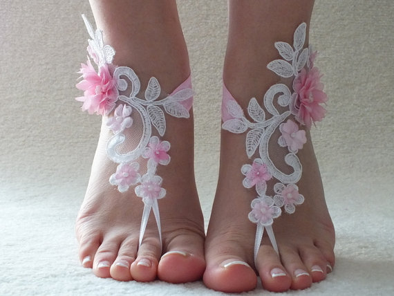 Mariage - Free Ship ivory or white pink floral barefoot sanddals, flexible ankle sandals, Barefoot Sandals, Beach wedding barefoot sandals