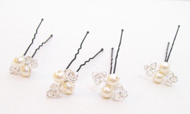 Mariage - 4 Ivory Pearl & Silver Crystal Hairpins, Wedding hair accessories, cream, set of 4, mercury, grey, gray, carbon, aluminum, graphite, stormy