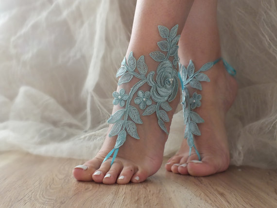 زفاف - Free Ship blue lace Barefoot Sandals, french lace, Nude shoes,Beach wedding barefoot sandals, Bridesmaid barefoot sandals