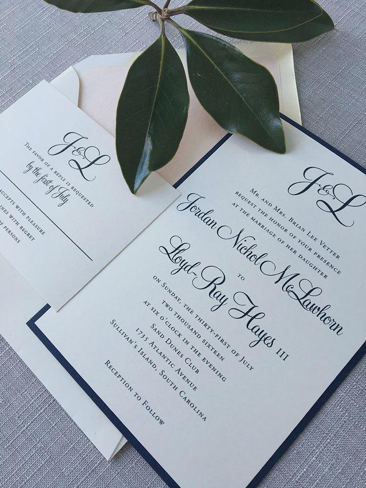 Hochzeit - Modern Calligraphy Monogram wedding invitations, in navy blue