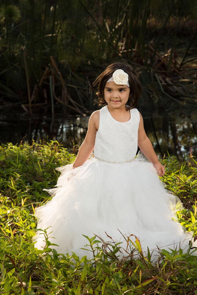 زفاف - White Ivory Stunning Lace Tutu Flower Girl dress Christening Special Occasion dress with a diamante trim