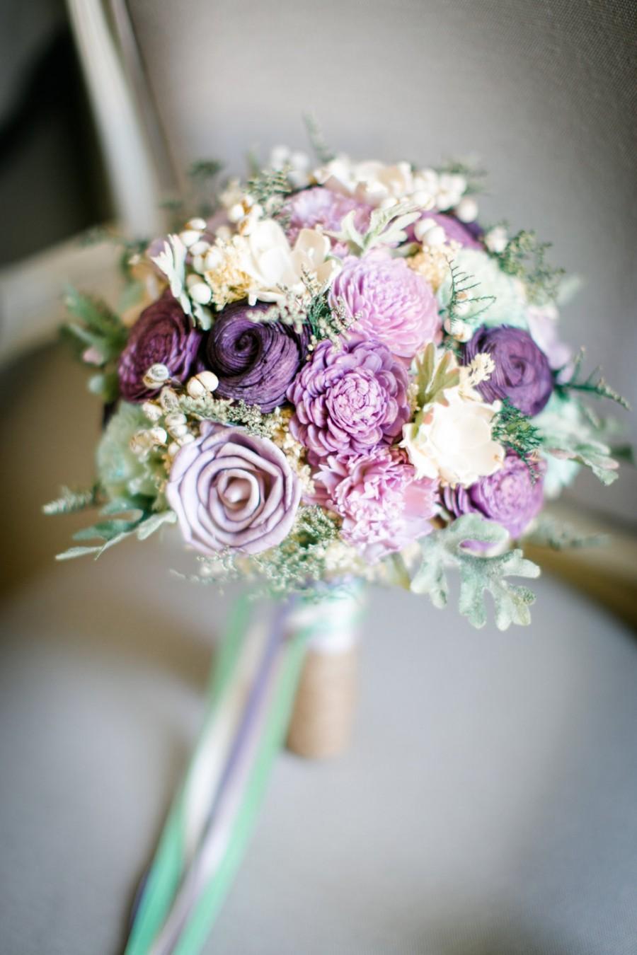 Hochzeit - Alternative Bridal Bouquet - Dusty Miller, Purple Wedding, Sola Flowers, Keepsake Bouquet, Sola Bouquet, Rustic Wedding