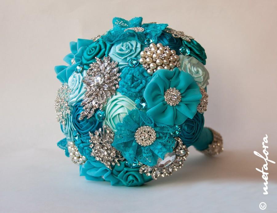 Wedding - SALE!!! Brooch bouquet, turquoise Fabric Wedding Bouquet, Unique Fabric Flower Bridal Bouquet