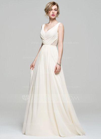 Mariage - A-Line/Princess V-neck Floor-Length Chiffon Bridesmaid Dress With Ruffle Lace Beading Sequins (007074167)