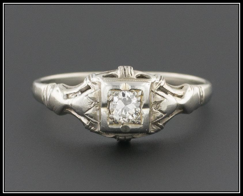 Wedding - Art Deco Diamond Engagement Ring, 18k White Gold