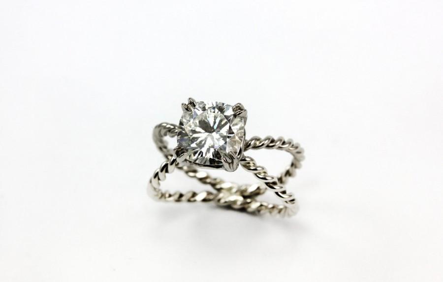 زفاف - Sparkling Solitaire Cushion Moissanite Claw Prong Ring with Infinity Band - 14k Palladium White Gold - Wedding Engagement Ring, Promise Ring