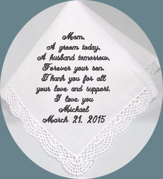 Свадьба - Mother of the Groom Wedding Handkerchief, Personalized Elegant Heirloom Keepsake Handkerchief