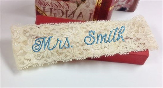 Mariage - Bride's Garter, Personalized, Custom, Embroidered Monogram Lace Garter Wedding garter