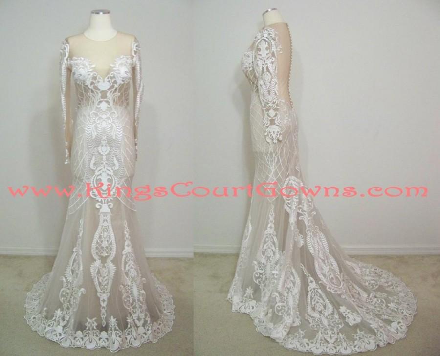 Wedding - Replica Couture Long Sleeve Nude and Ivory Illusion Lace Open Back Pearl Button Trumpet Dress Gown Chapel Train
