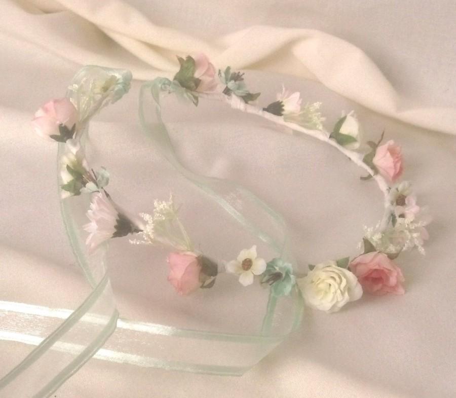 Mariage - Rustic Chic pink mint green Flower crown flower girl halo Bridal hair wreath Rustic Chic wedding accessories Woodland floral circlet garland