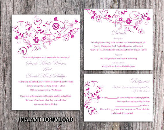 Свадьба - DIY Wedding Invitation Template Set Editable Word File Instant Download Floral Invitation Bird Invitation Printable Purple Invitations