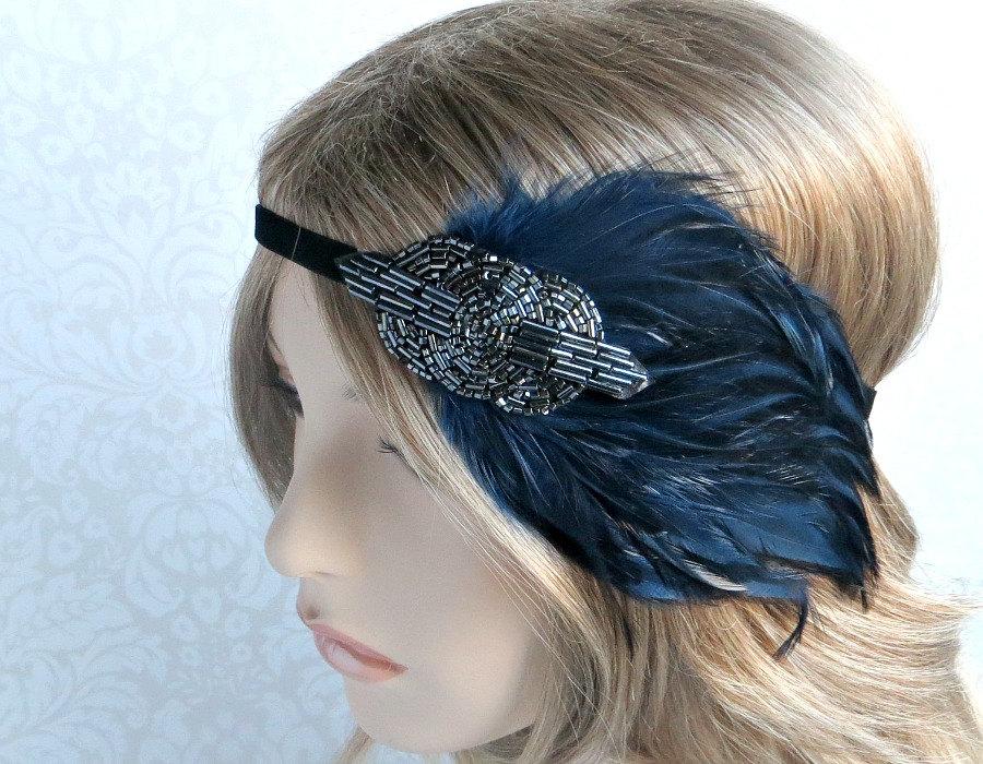 Wedding - 20s Headpiece, Daisy Buchanan Gatsby Headpiece, Gray Pewter Great Gatsby Beaded Headband, Art Deco Blue Feather Headband
