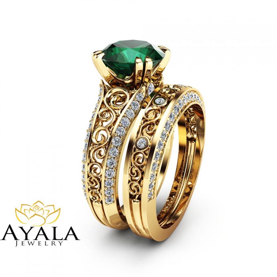 Wedding - 2 Carat Emerald Engagement Ring Set Unique 14K Yellow Gold Rings Emerald Bridal Set Filigree Engagement Rings