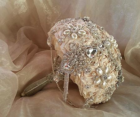 Wedding - Champagne Brooch Bouquet , Ivory and Silver Brooch Bouquet, Ivory Jeweled Bouquet, Brooch Bouquet, Champagne Brooch Bouquet, Deposit Only