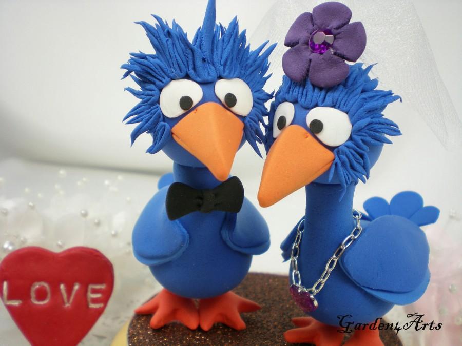 Mariage - Custom Wedding Cake Topper-Love Big Blue Bird Couple with circle clear base