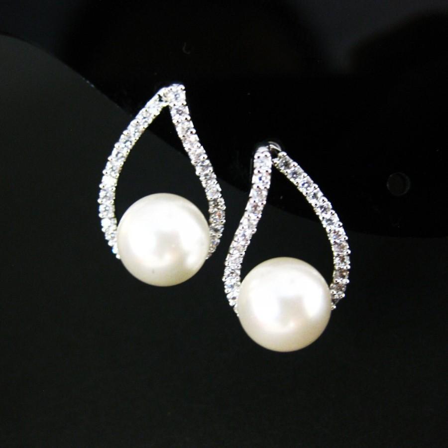 زفاف - Bridal Pearl Earrings Wedding Jewelry Swarovski 8mm Round Pearl EarringsTeardrop Stud Earrings Bridesmaids Gift Cubic Zirconia (E105)