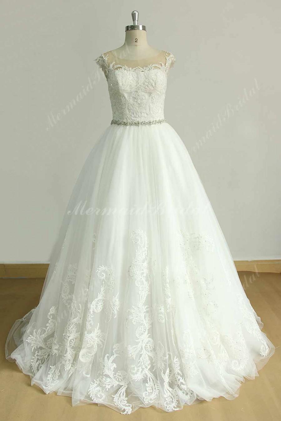Hochzeit - Very ELegant tulle lace A line wedding dress with rhinestone beading sash and lace capsleeves