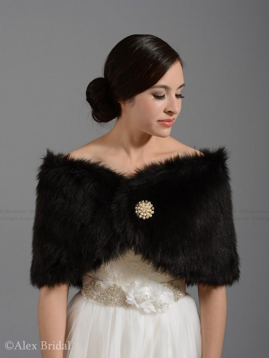 Hochzeit - Black faux fur bridal wrap shrug stole shawl cape FW005-Black regular / plus size