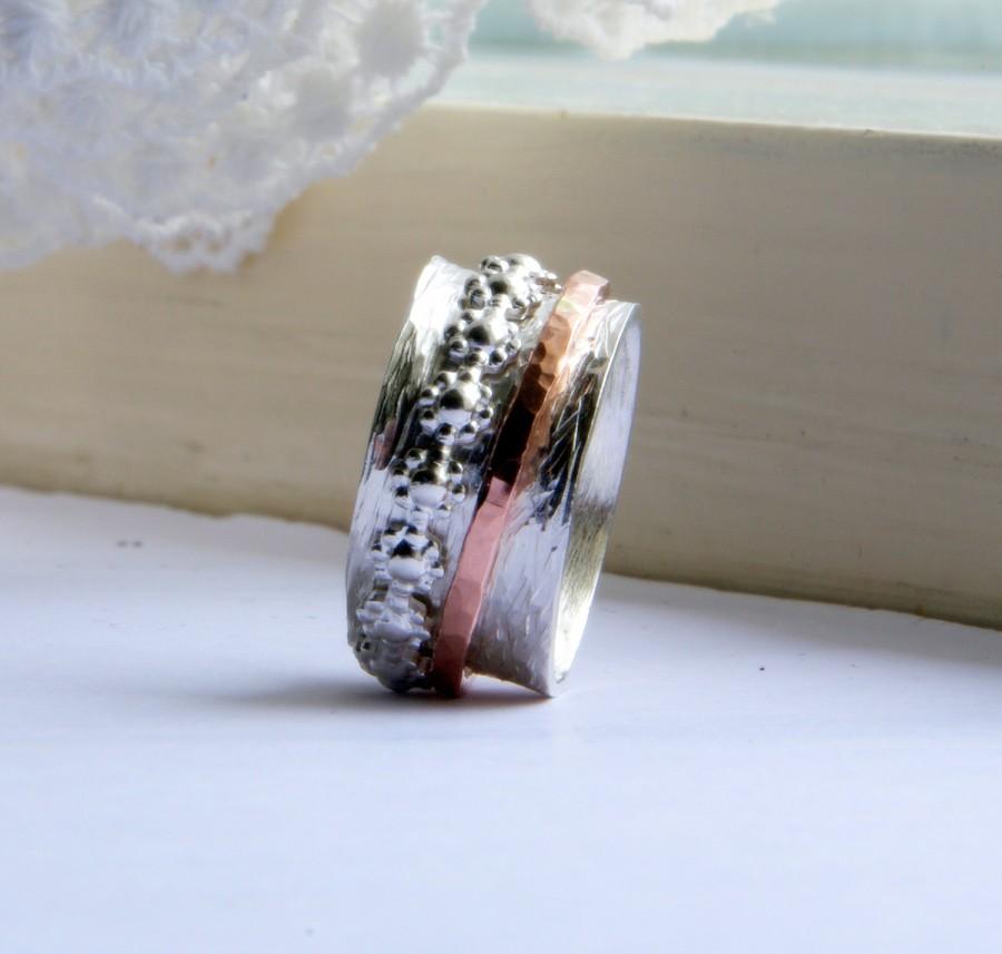 زفاف - Silversmith rustic sterling silver spinner ring  with personalization, Personalized spinner wedding band, Engraved wedding ring for woman