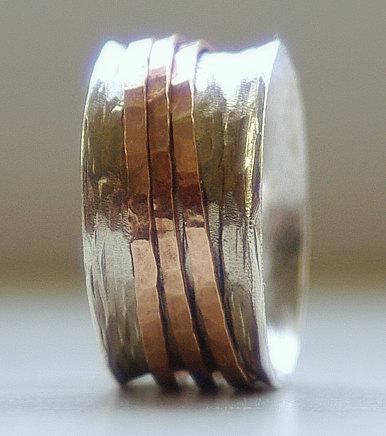 Mariage - Handmade Unique Simple Wedding Band:  Eco-Friendly Sterling Silver and 14k rose / yellow gold fill wide wedding band/ wedding bands