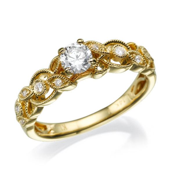 Wedding - Leaves Engagement Ring, Diamond Engagement ring, Yellow Gold Ring, Engagement Band, Wedding Ring, Promise Ring, Leaf Ring, Antique Ring