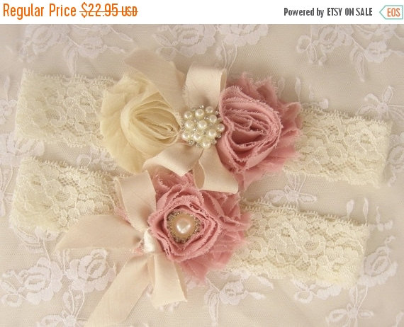 Wedding - FALL SALE Wedding Garter  Bridal Garter Heirloom Rose Set with Toss Garter Heirloom Rose and Tea Stained Ivory with Rhinestones and Pearls