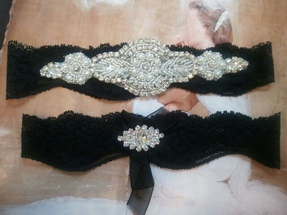 Hochzeit - Wedding Garter, Bridal Garter, Garter - Crystal Rhinestone Garter Set on a Black Lace - Style G2070