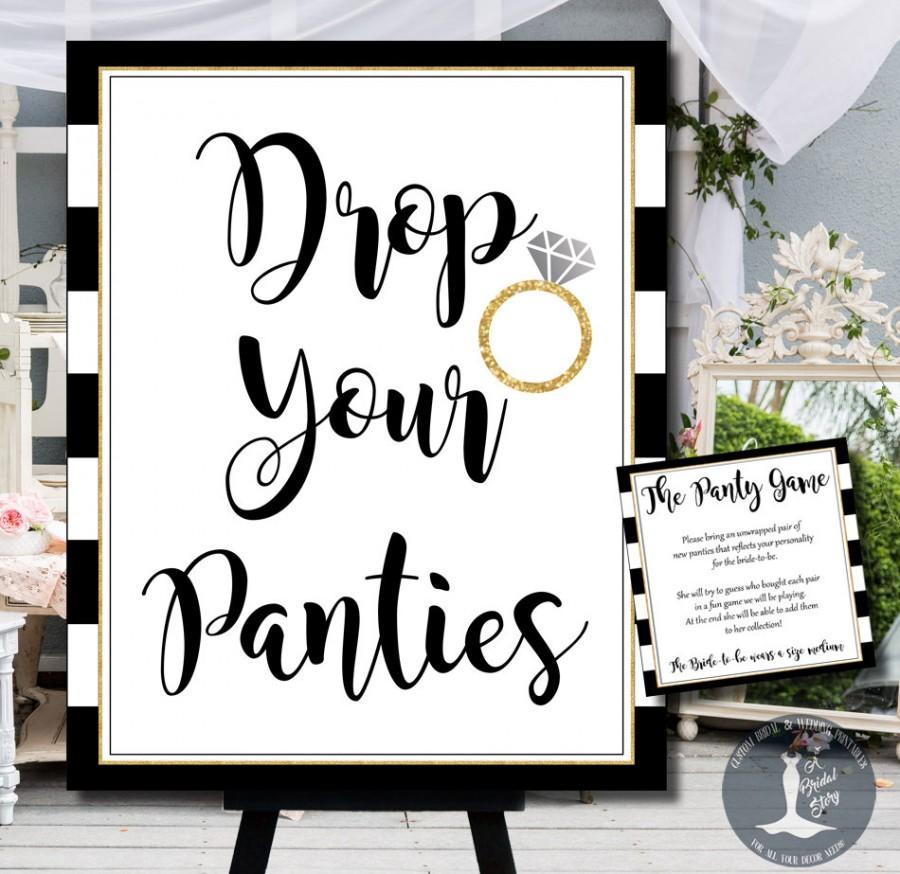 Hochzeit - Bridal Shower Panty Game - Printable Black and Gold Drop Your Panties Game Cards and Sign - Lingerie or Bachelorette Party Games 0002-T