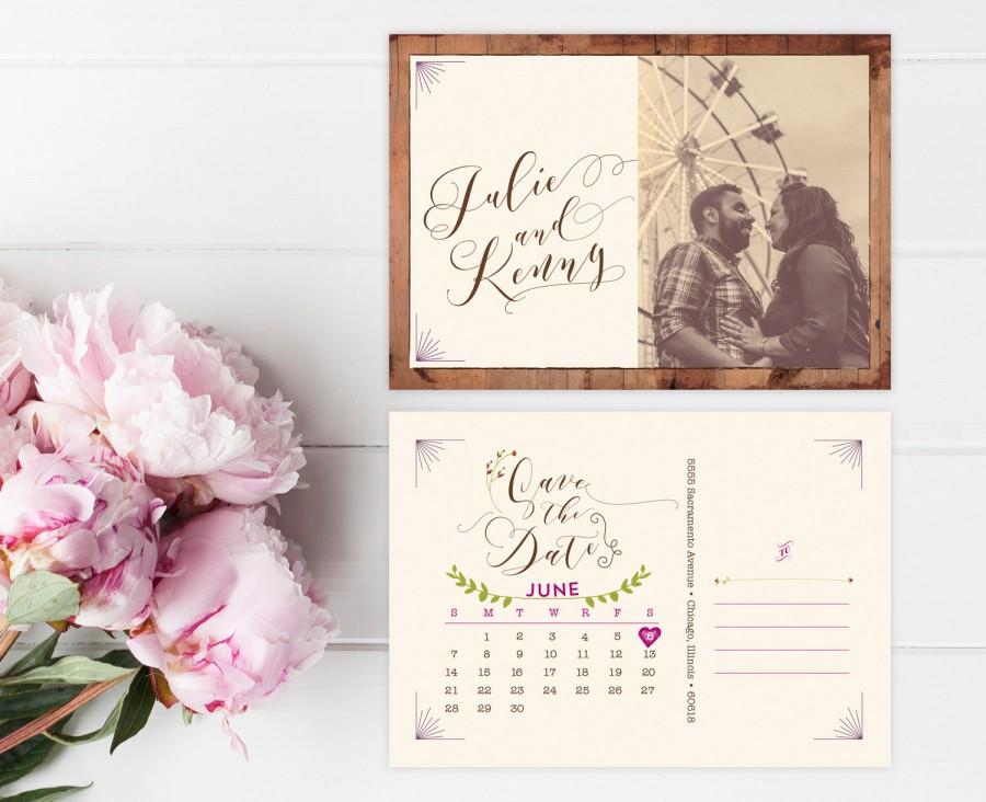 Mariage - Rustic Save the Date Postcards with Calendar - Woodsy, Vintage, or Spring Wedding Save the Date Cards - Printable - Hadley