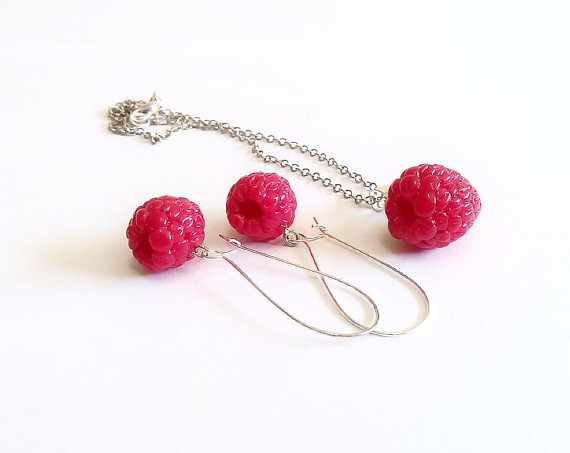 Wedding - Set Earring and Necklace Raspberry Jewelry - Gifts - Red Raspberry, necklace, bride jewelry