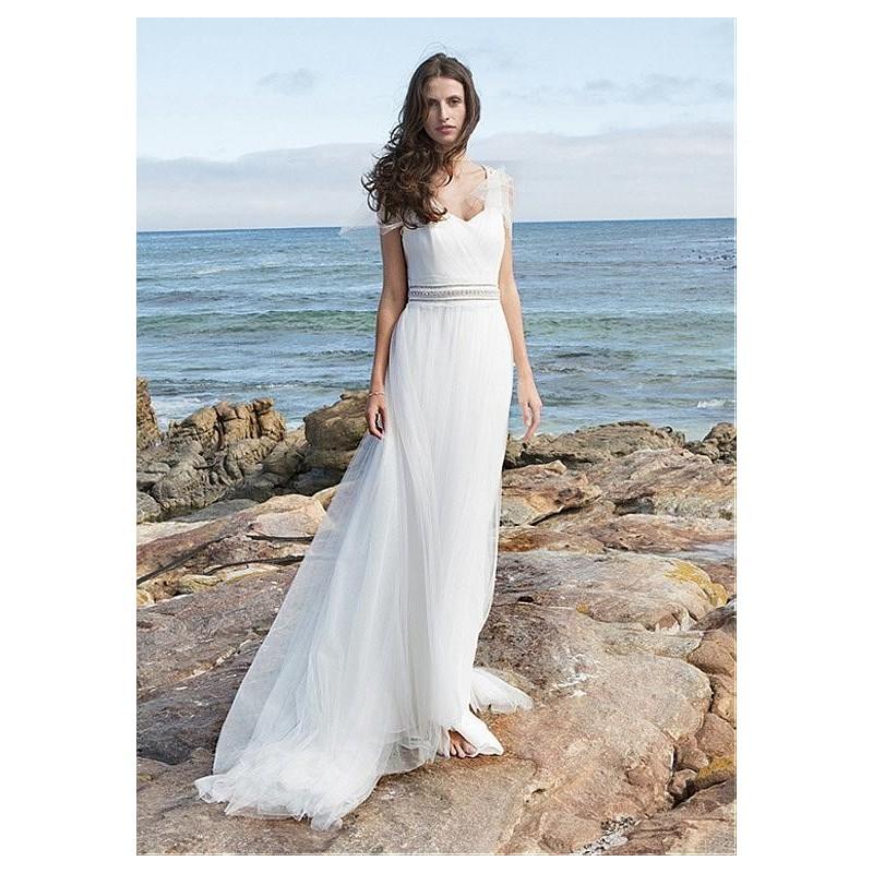 زفاف - Elegant Tulle V-Neckline A-Line Wedding Dress with Beadings - overpinks.com