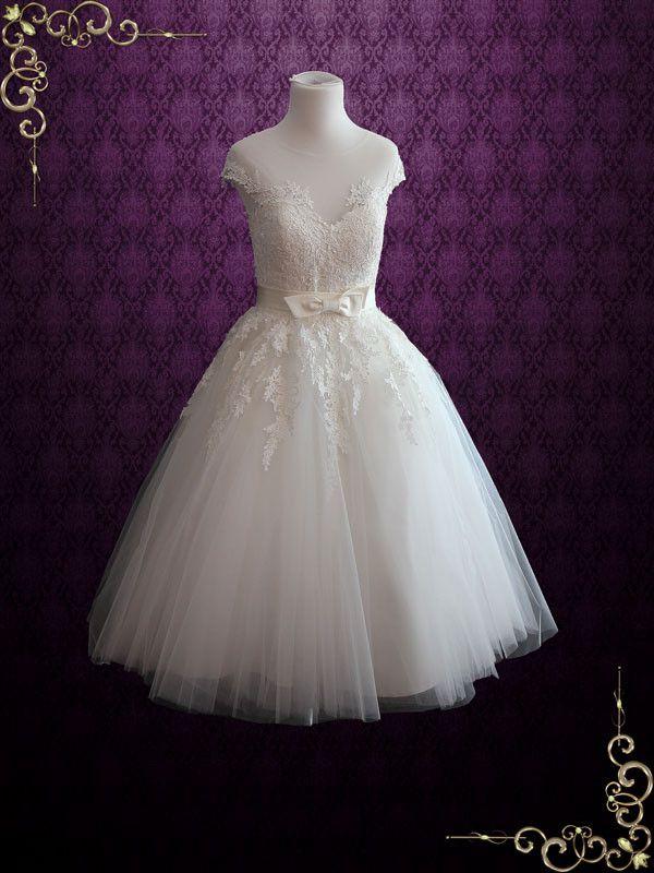 Свадьба - Ivory Retro Tea Length Wedding Dress With Illusion Neckline 