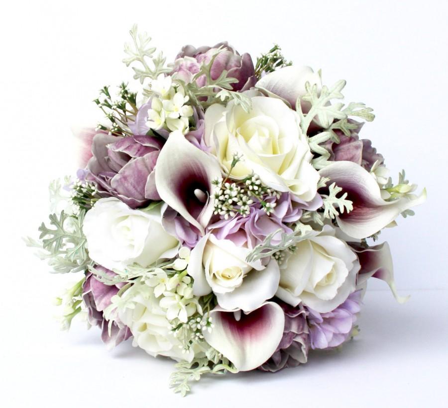 زفاف - PURPLE WEDDING BOUQUET- Purple Wedding Bridal Bouquet , Real to Touch Peonies Bridal Bouquet, Purple and mint bouquet