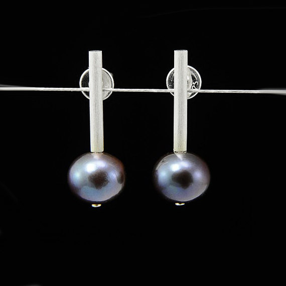Wedding - Pearl Earrings - gift for women- modern geometric pearl Freshwater Pearl jewelry, modern Sterling Silver minimalist jewelry, stud, handmade